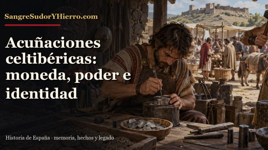 Recreación histórica sobre moneda celtibérica con el título «Acuñaciones celtibéricas: moneda, poder e identidad» y la marca SangreSudorYHierro.com