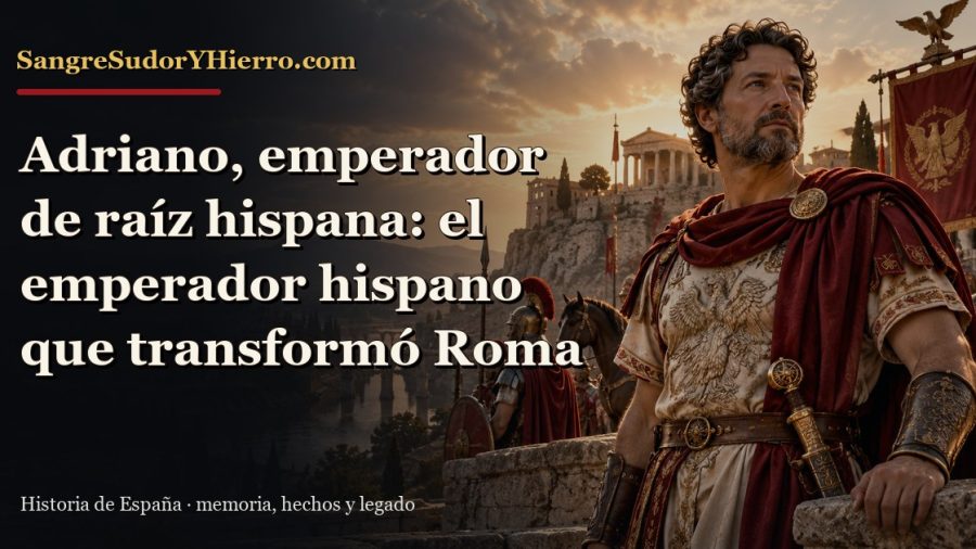 Ilustración histórica de Adriano, emperador de raíz hispana con el título «Adriano, emperador de raíz hispana: el emperador hispano que transformó Roma» y la marca SangreSudorYHierro.com
