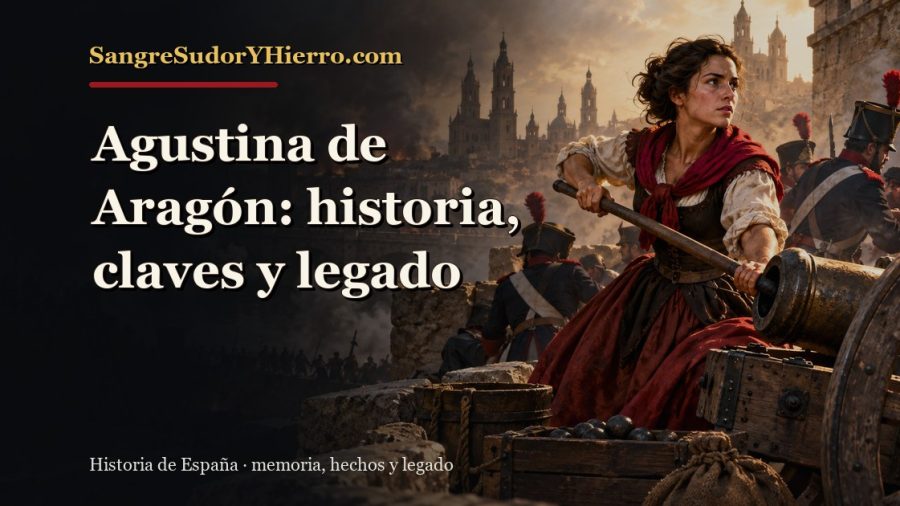Ilustración histórica de Agustina de Aragón con el título «Agustina de Aragón: historia, claves y legado» y la marca SangreSudorYHierro.com