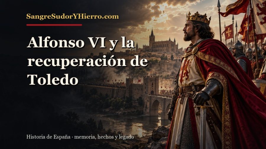 Ilustración histórica de Alfonso VI y la recuperación de Toledo con el título «Alfonso VI y la recuperación de Toledo» y la marca SangreSudorYHierro.com