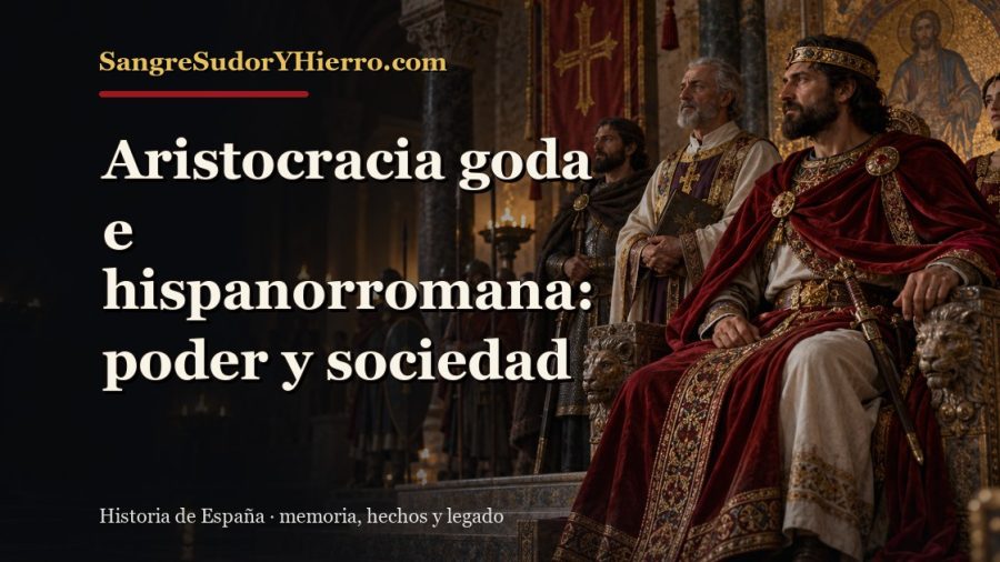 Ilustración histórica de Aristocracia goda e hispanorromana con el título «Aristocracia goda e hispanorromana: poder y sociedad» y la marca SangreSudorYHierro.com
