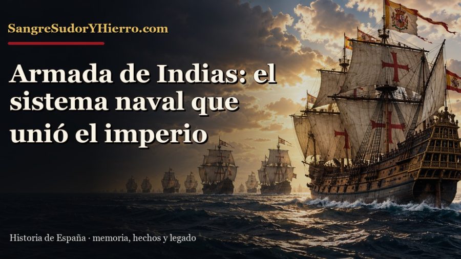 Recreación histórica sobre Armada de Indias con el título «Armada de Indias: el sistema naval que unió el imperio» y la marca SangreSudorYHierro.com