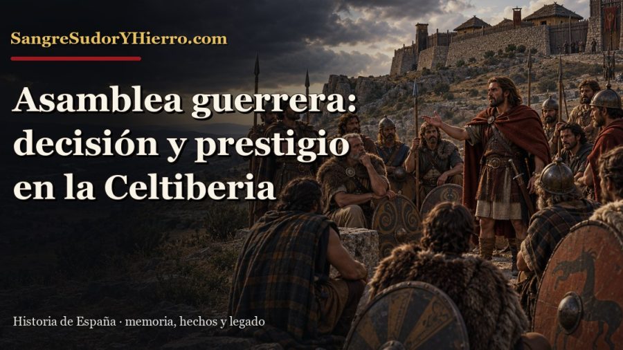 Recreación histórica sobre asamblea guerrera celtibérica con el título «Asamblea guerrera: decisión y prestigio en la Celtiberia» y la marca SangreSudorYHierro.com