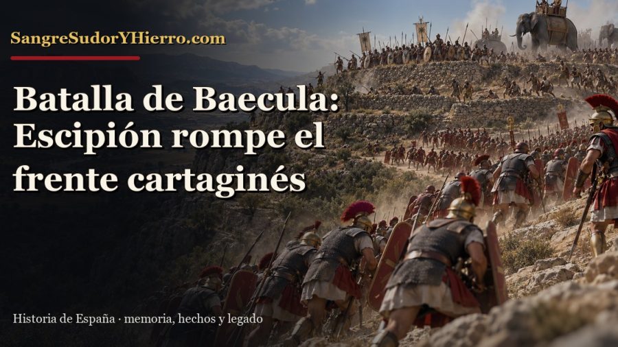 Recreación histórica sobre batalla de Baecula con el título «Batalla de Baecula: Escipión rompe el frente cartaginés» y la marca SangreSudorYHierro.com