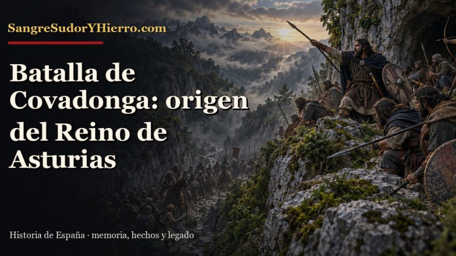 Recreación de la batalla de Covadonga con guerreros astures en un desfiladero y el título del artículo