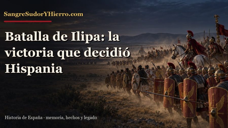 Recreación histórica sobre batalla de Ilipa con el título «Batalla de Ilipa: la victoria que decidió Hispania» y la marca SangreSudorYHierro.com