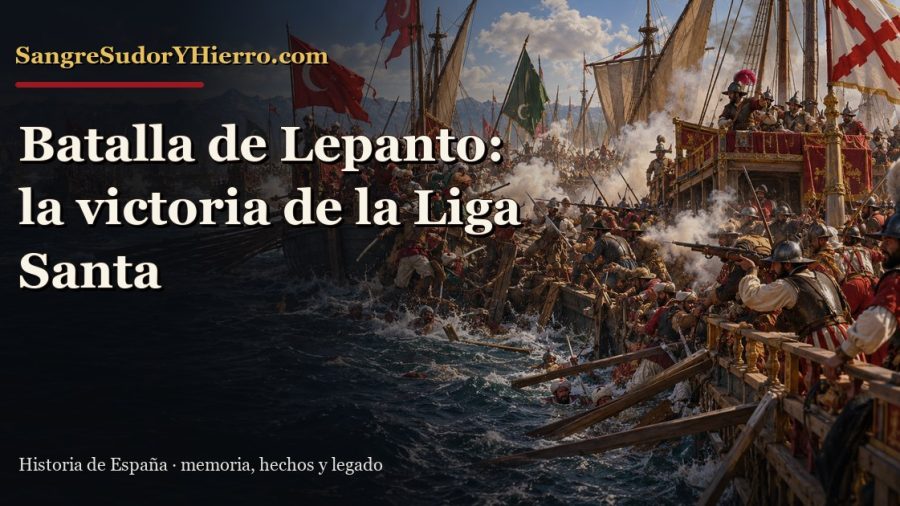 Recreación del combate de galeras en la batalla de Lepanto con el título del artículo