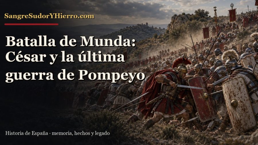 Recreación histórica sobre batalla de Munda con el título «Batalla de Munda: César y la última guerra de Pompeyo» y la marca SangreSudorYHierro.com