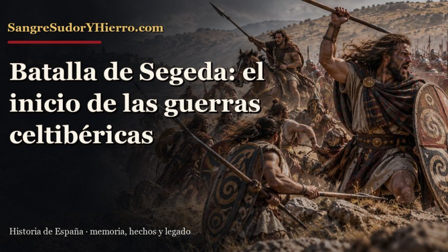 Recreación histórica sobre batalla de Segeda con el título «Batalla de Segeda: el inicio de las guerras celtibéricas» y la marca SangreSudorYHierro.com
