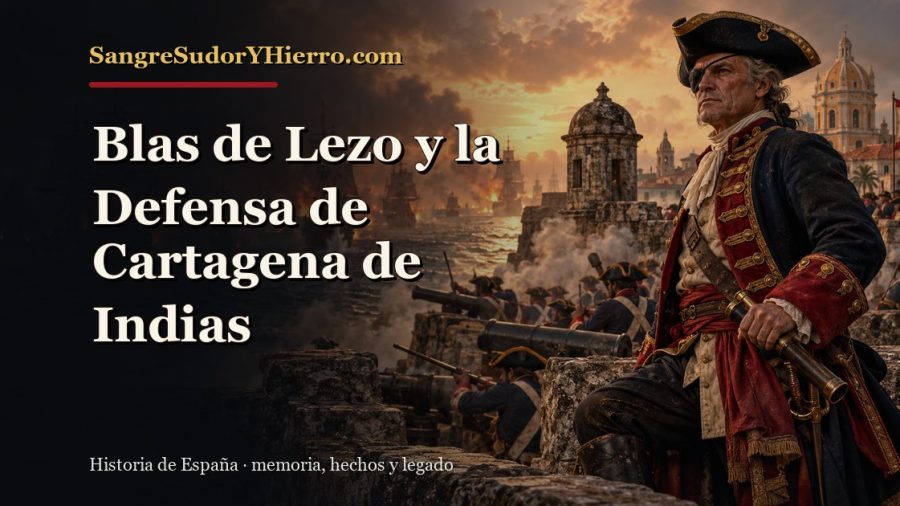 Ilustración histórica de Blas de Lezo y la Defensa de Cartagena de Indias con el título «Blas de Lezo y la Defensa de Cartagena de Indias» y la marca SangreSudorYHierro.com