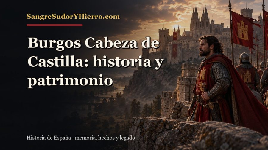 Ilustración histórica de Burgos Cabeza de Castilla con el título «Burgos Cabeza de Castilla: historia y patrimonio» y la marca SangreSudorYHierro.com