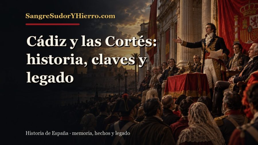 Ilustración histórica de Cádiz y las Cortés con el título «Cádiz y las Cortés: historia, claves y legado» y la marca SangreSudorYHierro.com