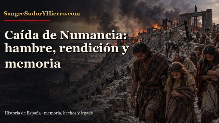 Recreación histórica sobre caída de Numancia con el título «Caída de Numancia: hambre, rendición y memoria» y la marca SangreSudorYHierro.com