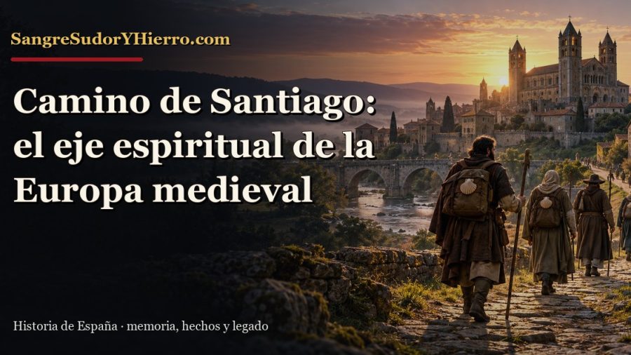 Recreación histórica sobre Camino de Santiago medieval con el título «Camino de Santiago: el eje espiritual de la Europa medieval» y la marca SangreSudorYHierro.com