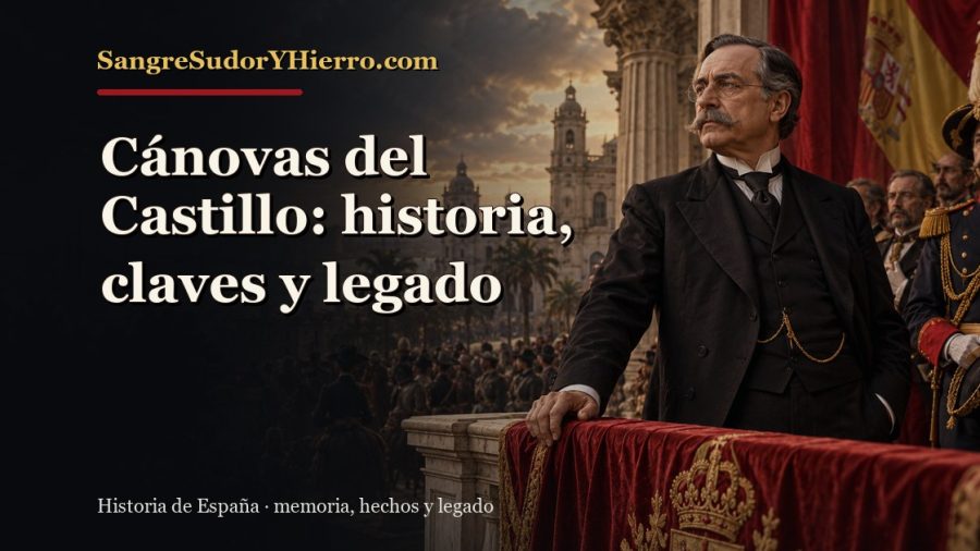 Ilustración histórica de Cánovas del Castillo con el título «Cánovas del Castillo: historia, claves y legado» y la marca SangreSudorYHierro.com