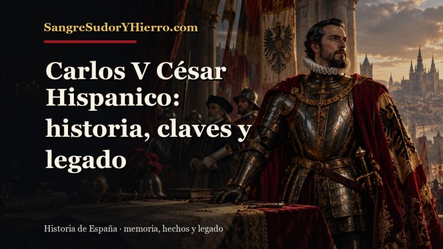 Ilustración histórica de Carlos V César Hispanico con el título «Carlos V César Hispanico: historia, claves y legado» y la marca SangreSudorYHierro.com