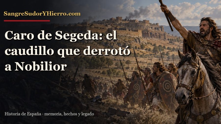 Recreación histórica sobre Caro de Segeda con el título «Caro de Segeda: el caudillo que derrotó a Nobilior» y la marca SangreSudorYHierro.com