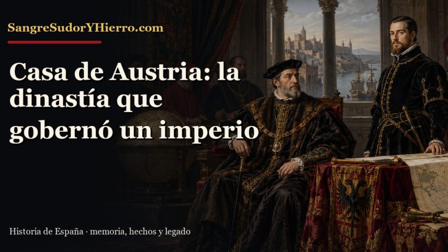 Recreación histórica sobre Casa de Austria en España con el título «Casa de Austria: la dinastía que gobernó un imperio» y la marca SangreSudorYHierro.com