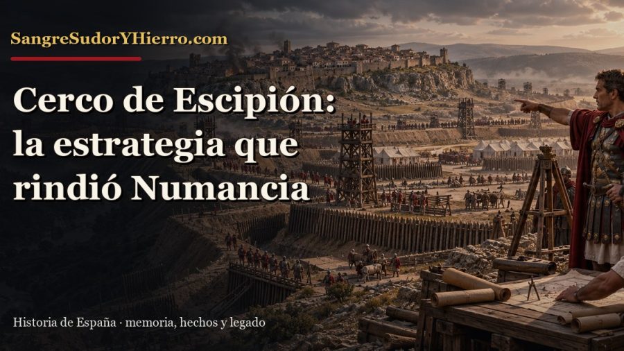 Recreación histórica sobre cerco de Escipión a Numancia con el título «Cerco de Escipión: la estrategia que rindió Numancia» y la marca SangreSudorYHierro.com