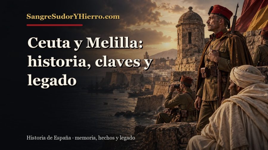 Ilustración histórica de Ceuta y Melilla con el título «Ceuta y Melilla: historia, claves y legado» y la marca SangreSudorYHierro.com