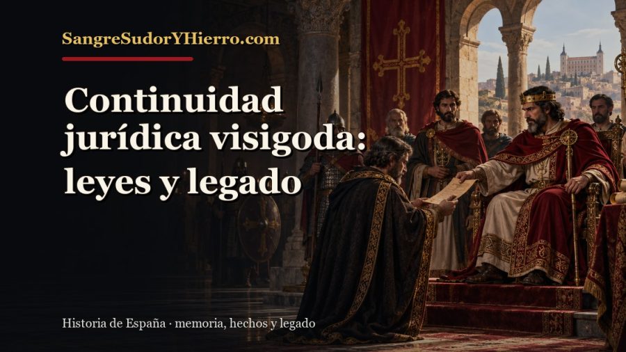 Ilustración histórica de Continuidad jurídica visigoda con el título «Continuidad jurídica visigoda: leyes y legado» y la marca SangreSudorYHierro.com