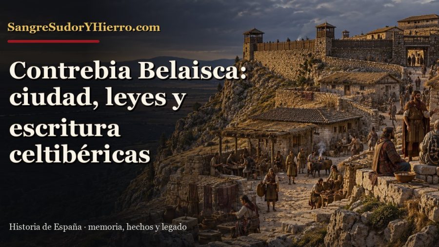 Recreación histórica sobre Contrebia Belaisca con el título «Contrebia Belaisca: ciudad, leyes y escritura celtibéricas» y la marca SangreSudorYHierro.com