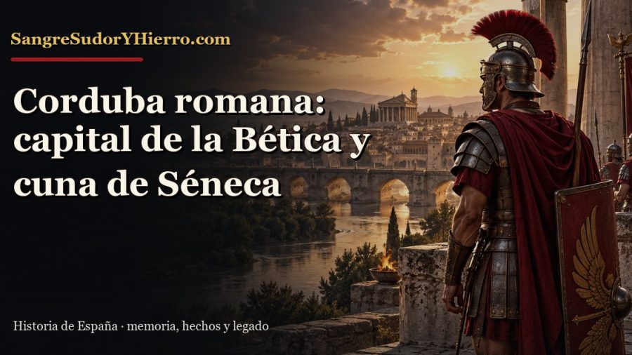 Ilustración histórica de Corduba romana con el título «Corduba romana: capital de la Bética y cuna de Séneca» y la marca SangreSudorYHierro.com
