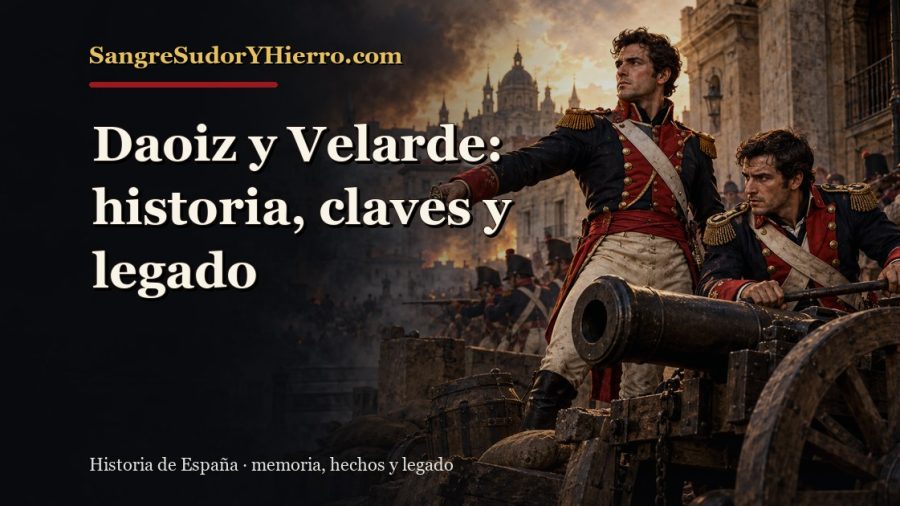 Ilustración histórica de Daoiz y Velarde con el título «Daoiz y Velarde: historia, claves y legado» y la marca SangreSudorYHierro.com