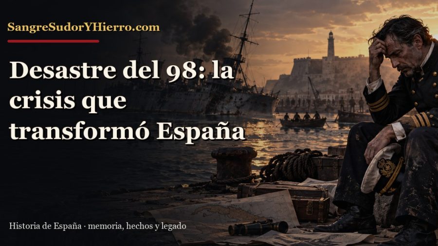 Recreación histórica sobre Desastre del 98 con el título «Desastre del 98: la crisis que transformó España» y la marca SangreSudorYHierro.com