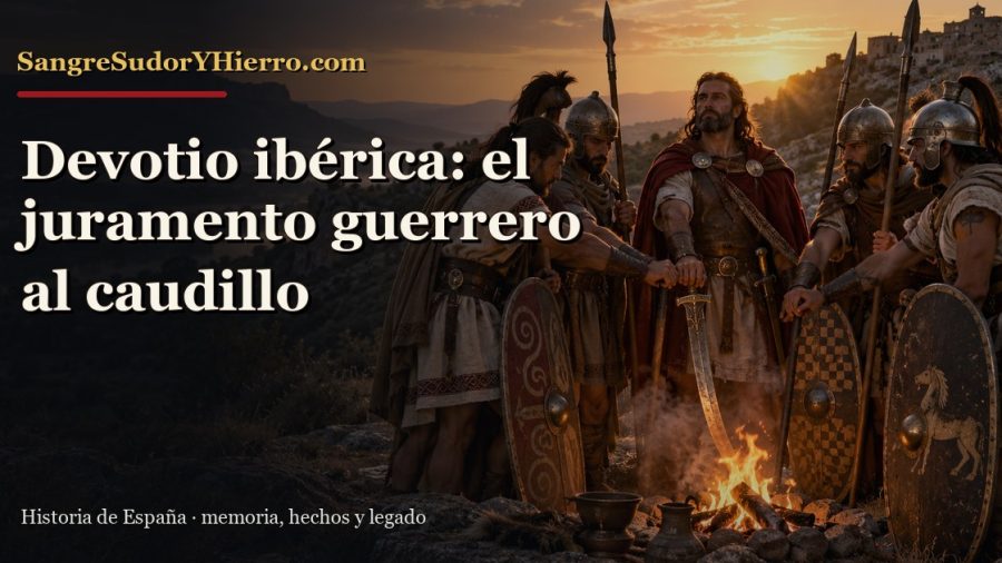 Recreación histórica sobre devotio ibérica con el título «Devotio ibérica: el juramento guerrero al caudillo» y la marca SangreSudorYHierro.com