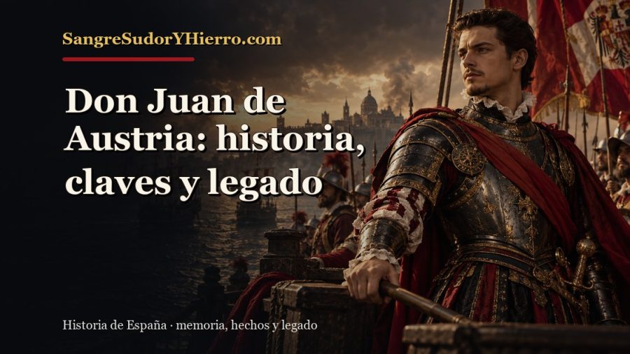 Ilustración histórica de Don Juan de Austria con el título «Don Juan de Austria: historia, claves y legado» y la marca SangreSudorYHierro.com