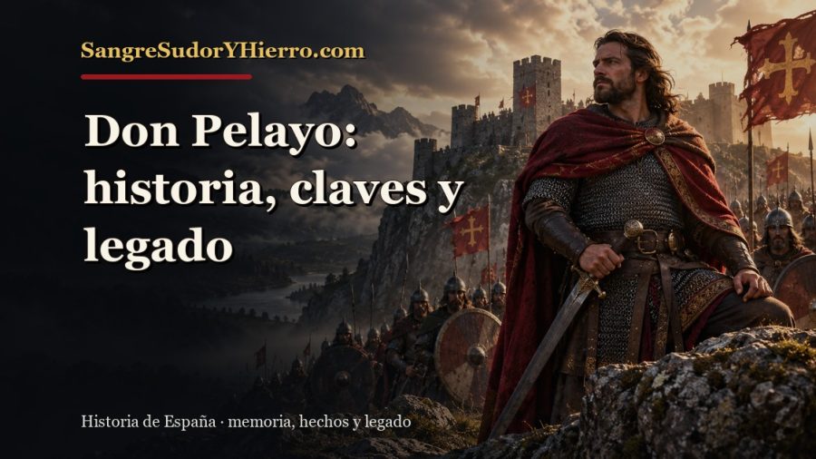 Ilustración histórica de Don Pelayo con el título «Don Pelayo: historia, claves y legado» y la marca SangreSudorYHierro.com
