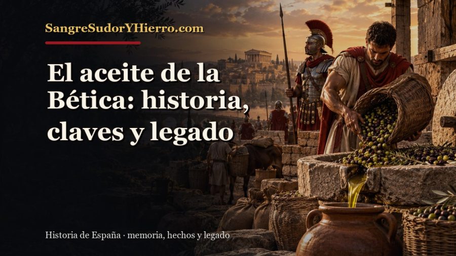Ilustración histórica de El aceite de la Bética con el título «El aceite de la Bética: historia, claves y legado» y la marca SangreSudorYHierro.com