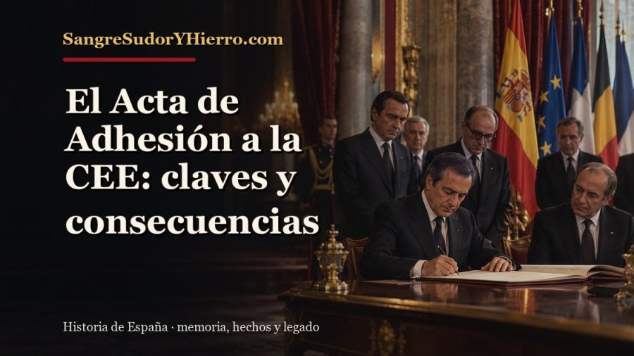 Ilustración histórica de El Acta de Adhesión a la CEE con el título «El Acta de Adhesión a la CEE: claves y consecuencias» y la marca SangreSudorYHierro.com