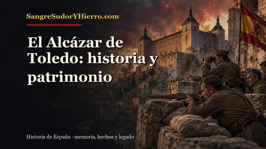 Ilustración histórica de El Alcázar de Toledo con el título «El Alcázar de Toledo: historia y patrimonio» y la marca SangreSudorYHierro.com
