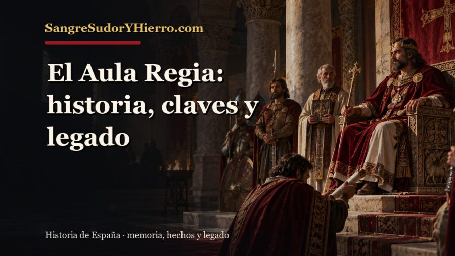 Ilustración histórica de El Aula Regia con el título «El Aula Regia: historia, claves y legado» y la marca SangreSudorYHierro.com