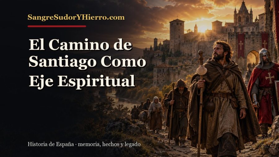 Ilustración histórica de El Camino de Santiago Como Eje Espiritual con el título «El Camino de Santiago Como Eje Espiritual» y la marca SangreSudorYHierro.com