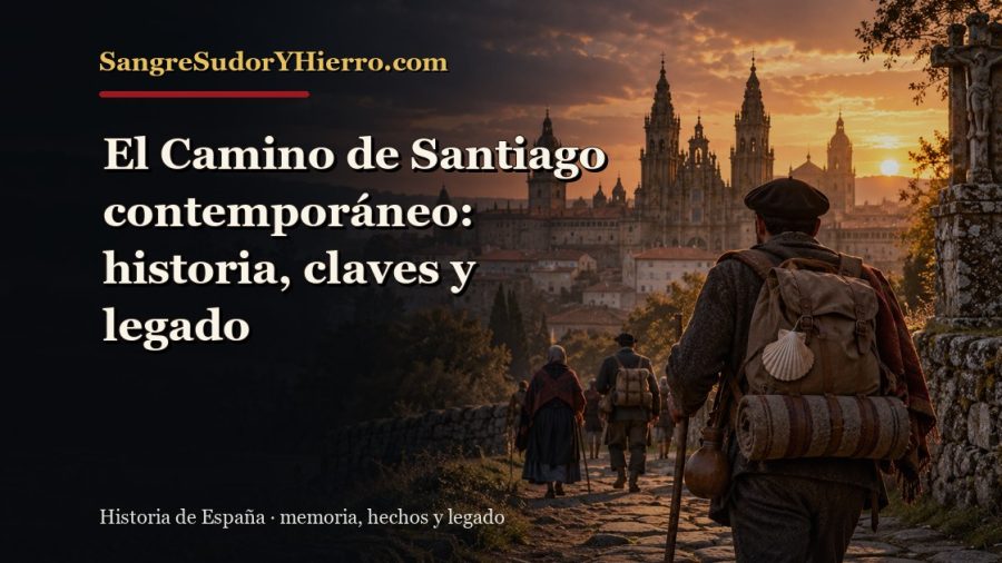 Ilustración histórica de El Camino de Santiago contemporáneo con el título «El Camino de Santiago contemporáneo: historia, claves y legado» y la marca SangreSudorYHierro.com
