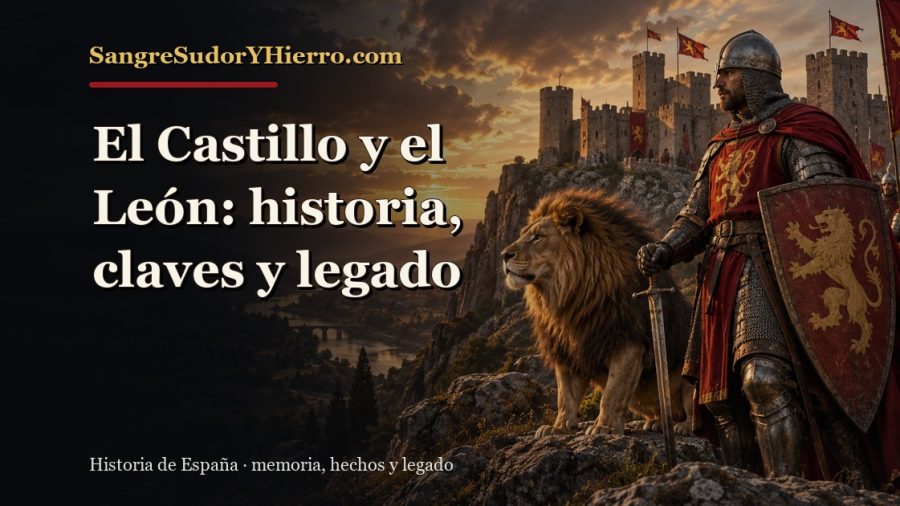 Ilustración histórica de El Castillo y el León con el título «El Castillo y el León: historia, claves y legado» y la marca SangreSudorYHierro.com