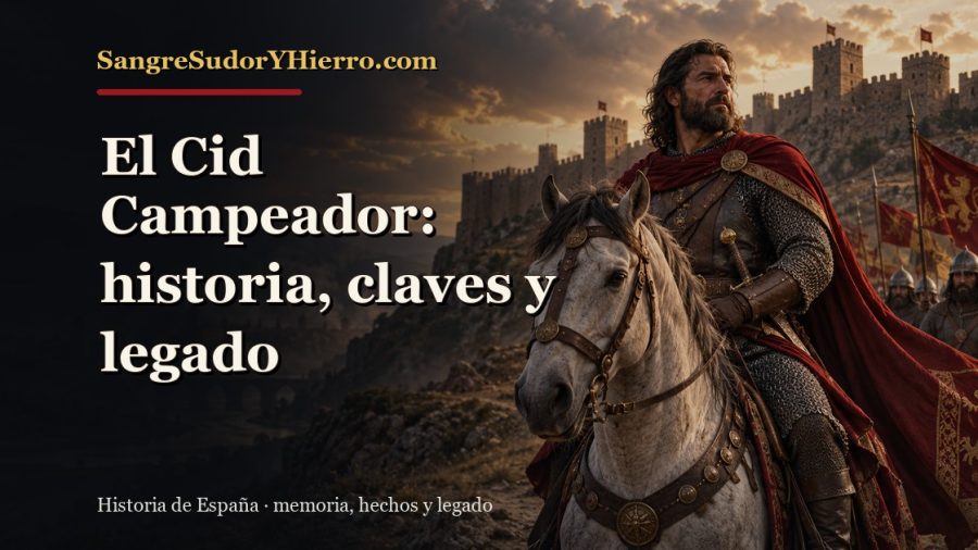 Ilustración histórica de El Cid Campeador con el título «El Cid Campeador: historia, claves y legado» y la marca SangreSudorYHierro.com
