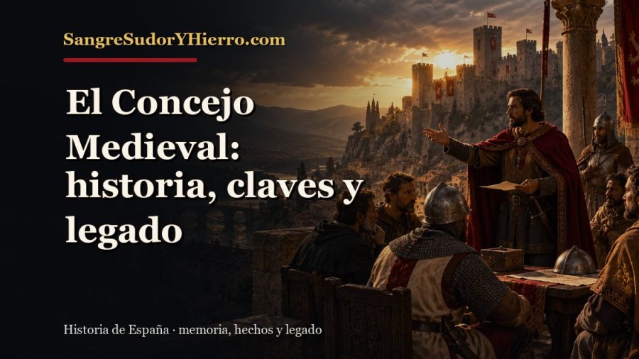 Ilustración histórica de El Concejo Medieval con el título «El Concejo Medieval: historia, claves y legado» y la marca SangreSudorYHierro.com
