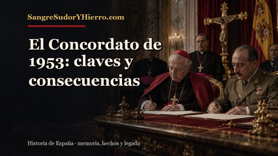 Ilustración histórica de El Concordato de 1953 con el título «El Concordato de 1953: claves y consecuencias» y la marca SangreSudorYHierro.com