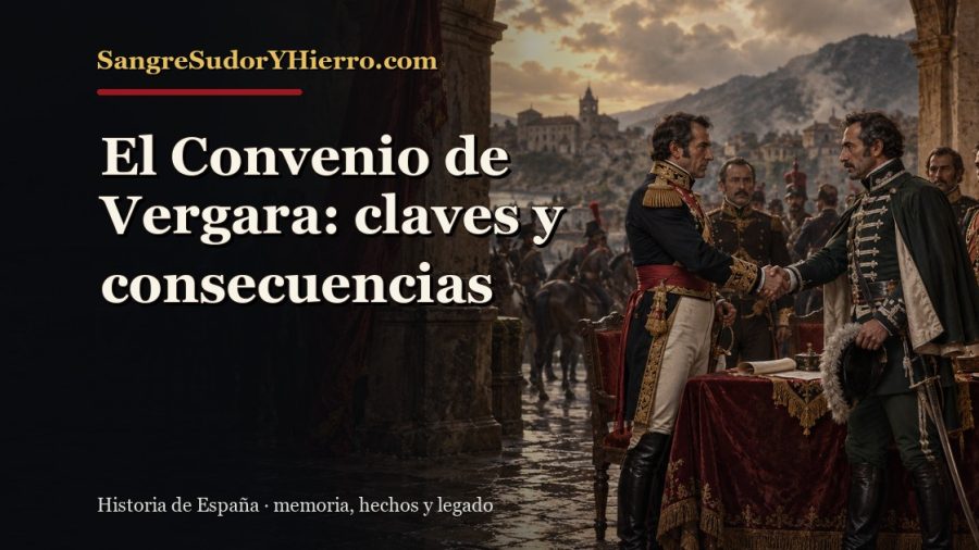 Ilustración histórica de El Convenio de Vergara con el título «El Convenio de Vergara: claves y consecuencias» y la marca SangreSudorYHierro.com