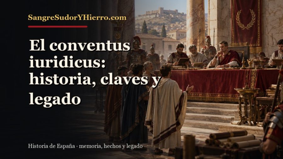 Ilustración histórica de El conventus iuridicus con el título «El conventus iuridicus: historia, claves y legado» y la marca SangreSudorYHierro.com