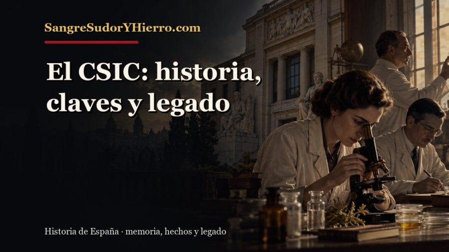 Ilustración histórica de El CSIC con el título «El CSIC: historia, claves y legado» y la marca SangreSudorYHierro.com