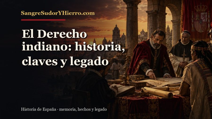 Ilustración histórica de El Derecho indiano con el título «El Derecho indiano: historia, claves y legado» y la marca SangreSudorYHierro.com