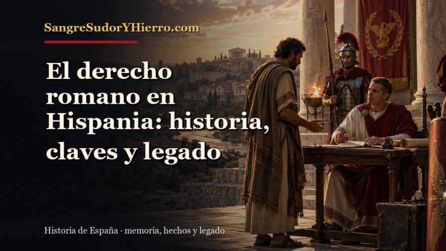 Ilustración histórica de El derecho romano en Hispania con el título «El derecho romano en Hispania: historia, claves y legado» y la marca SangreSudorYHierro.com