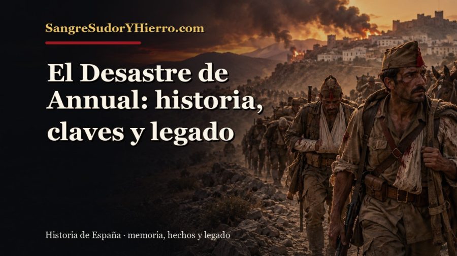 Ilustración histórica de El Desastre de Annual con el título «El Desastre de Annual: historia, claves y legado» y la marca SangreSudorYHierro.com