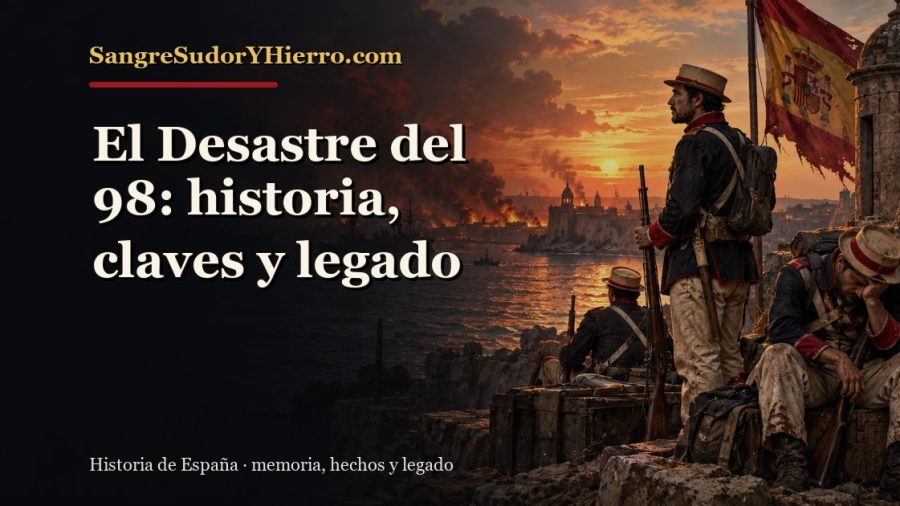 Ilustración histórica de El Desastre del 98 con el título «El Desastre del 98: historia, claves y legado» y la marca SangreSudorYHierro.com
