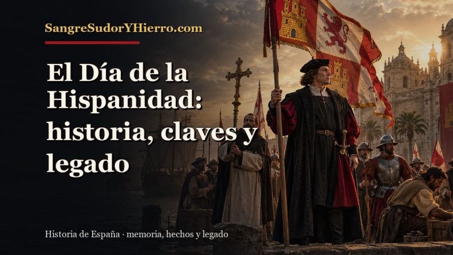 Ilustración histórica de El Día de la Hispanidad con el título «El Día de la Hispanidad: historia, claves y legado» y la marca SangreSudorYHierro.com